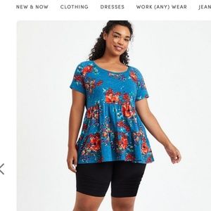 Torrid Blue Floral Babydoll Slub Scoop Neck Tiered Top - Size 0